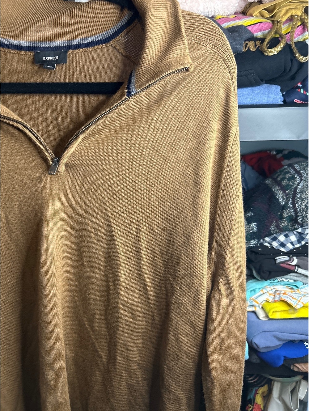 Express Men's Merino Wool Pullover Sweater XL Brown Half Zip
